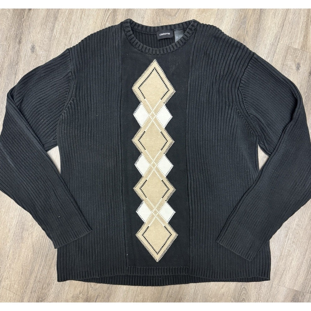VTG Claiborne Japan Argyle Knit Sweater Black Tan L 90s Ribbed Cotton‎
